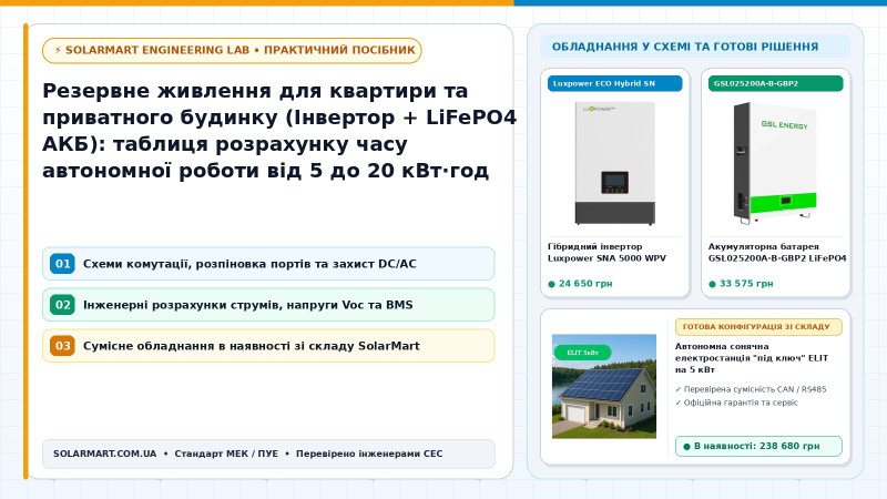 Резервне живлення для квартири та приватного будинку (Інвертор + LiFePO4 АКБ): таблиця розрахунку часу автономної роботи від 5 до 20 кВт·год