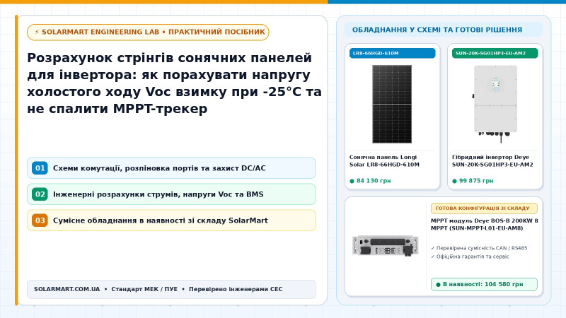 Розрахунок стрінгів сонячних панелей для інвертора: як порахувати напругу холостого ходу Voc взимку при -25°C та не спалити MPPT-трекер