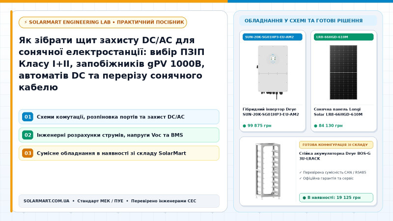 Як зібрати щит захисту DC/AC для сонячної електростанції: вибір ПЗІП Класу I+II, запобіжників gPV 1000В, автоматів DC та перерізу сонячного кабелю