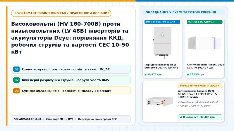 Високовольтні (HV 160–700В) проти низьковольтних (LV 48В) інверторів та акумуляторів Deye: порівняння ККД, робочих струмів та вартості СЕС 10–50 кВт