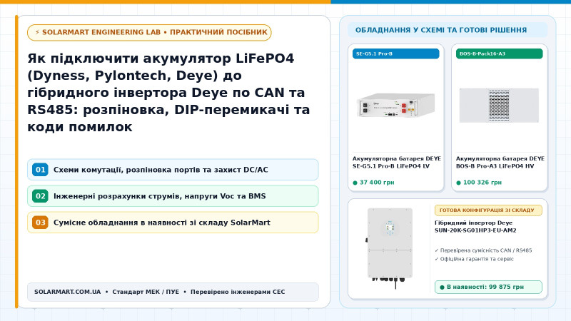 Як підключити акумулятор LiFePO4 (Dyness, Pylontech, Deye) до гібридного інвертора Deye по CAN та RS485: розпіновка, DIP-перемикачі та коди помилок