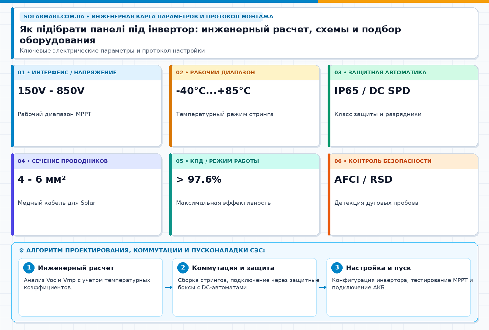 Як підібрати панелі під инвертор: инженерный расчет, схемы и подбор оборудования — інженерна інфографіка