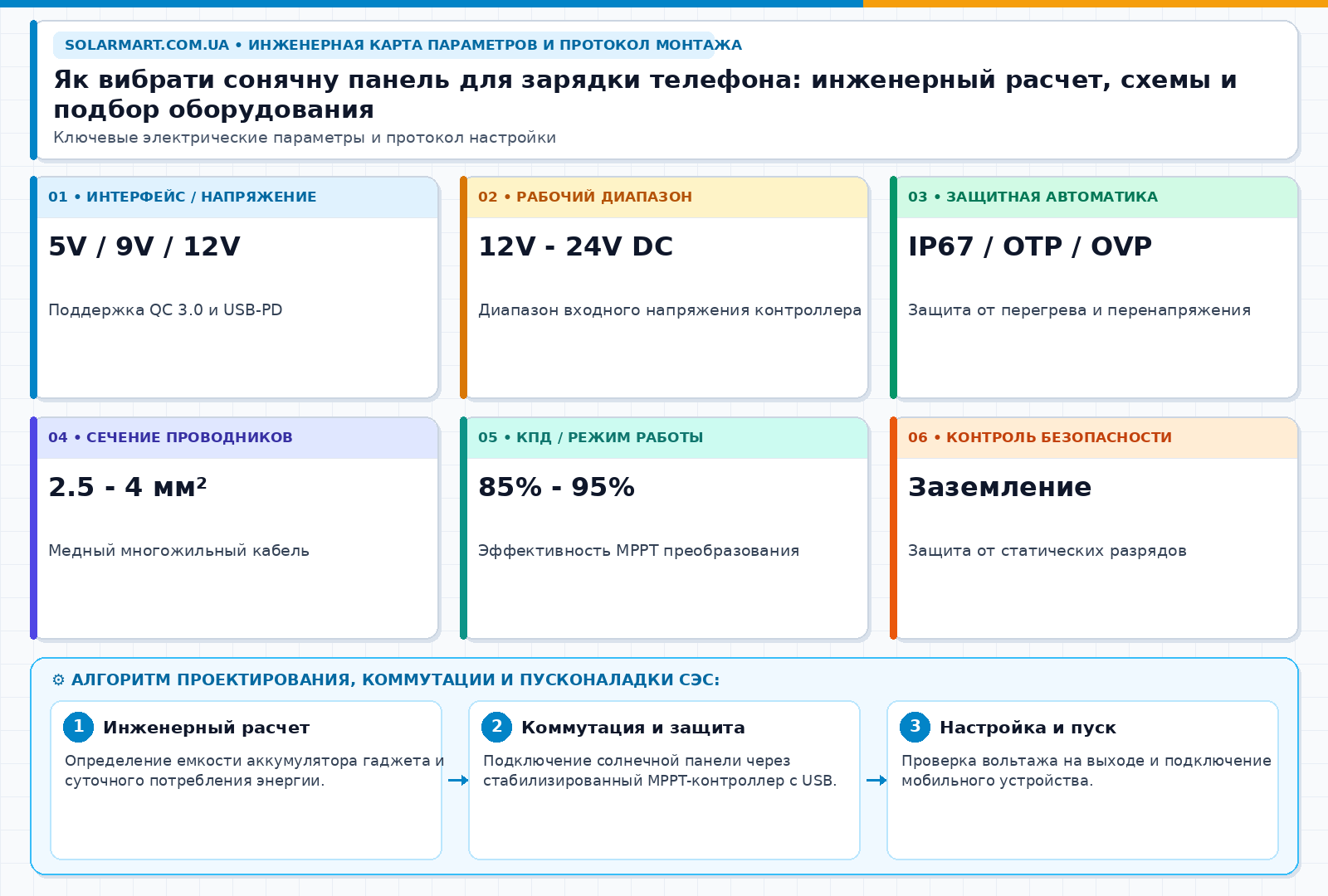 Як вибрати сонячну панель для зарядки телефона: инженерный расчет, схемы и подбор оборудования — інженерна інфографіка