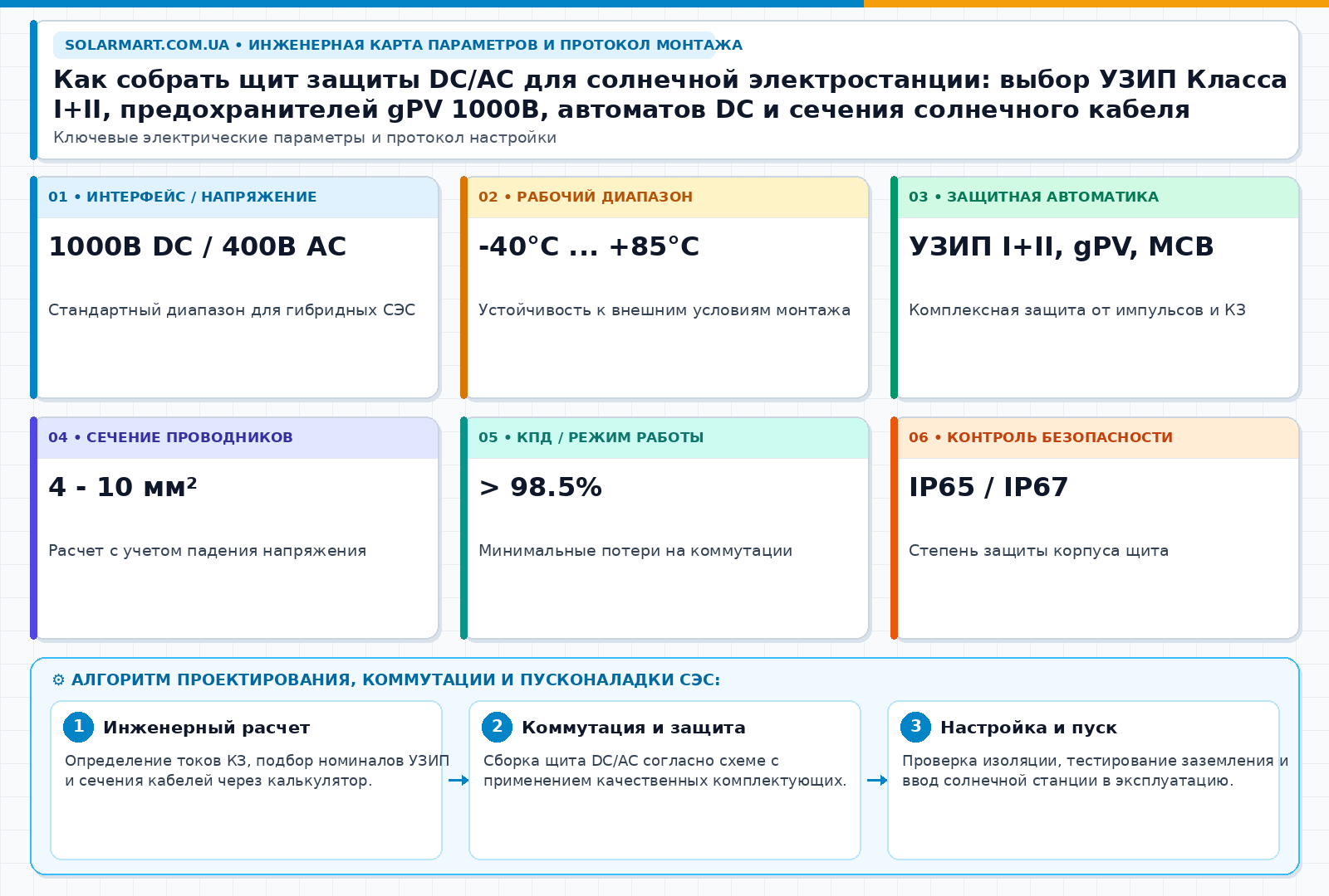 Как собрать щит защиты DC/AC для солнечной электростанции: выбор УЗИП Класса I+II, предохранителей gPV 1000В, автоматов DC и сечения солнечного кабеля — інженерна інфографіка