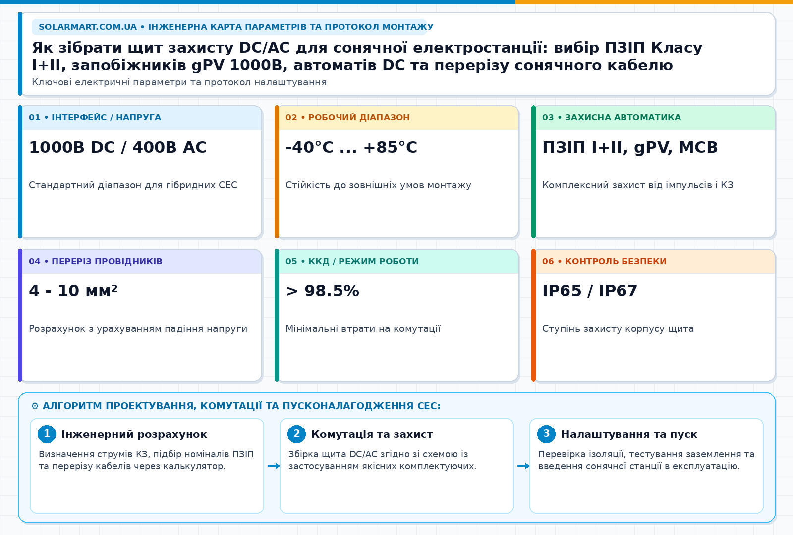 Як зібрати щит захисту DC/AC для сонячної електростанції: вибір ПЗІП Класу I+II, запобіжників gPV 1000В, автоматів DC та перерізу сонячного кабелю — інженерна інфографіка